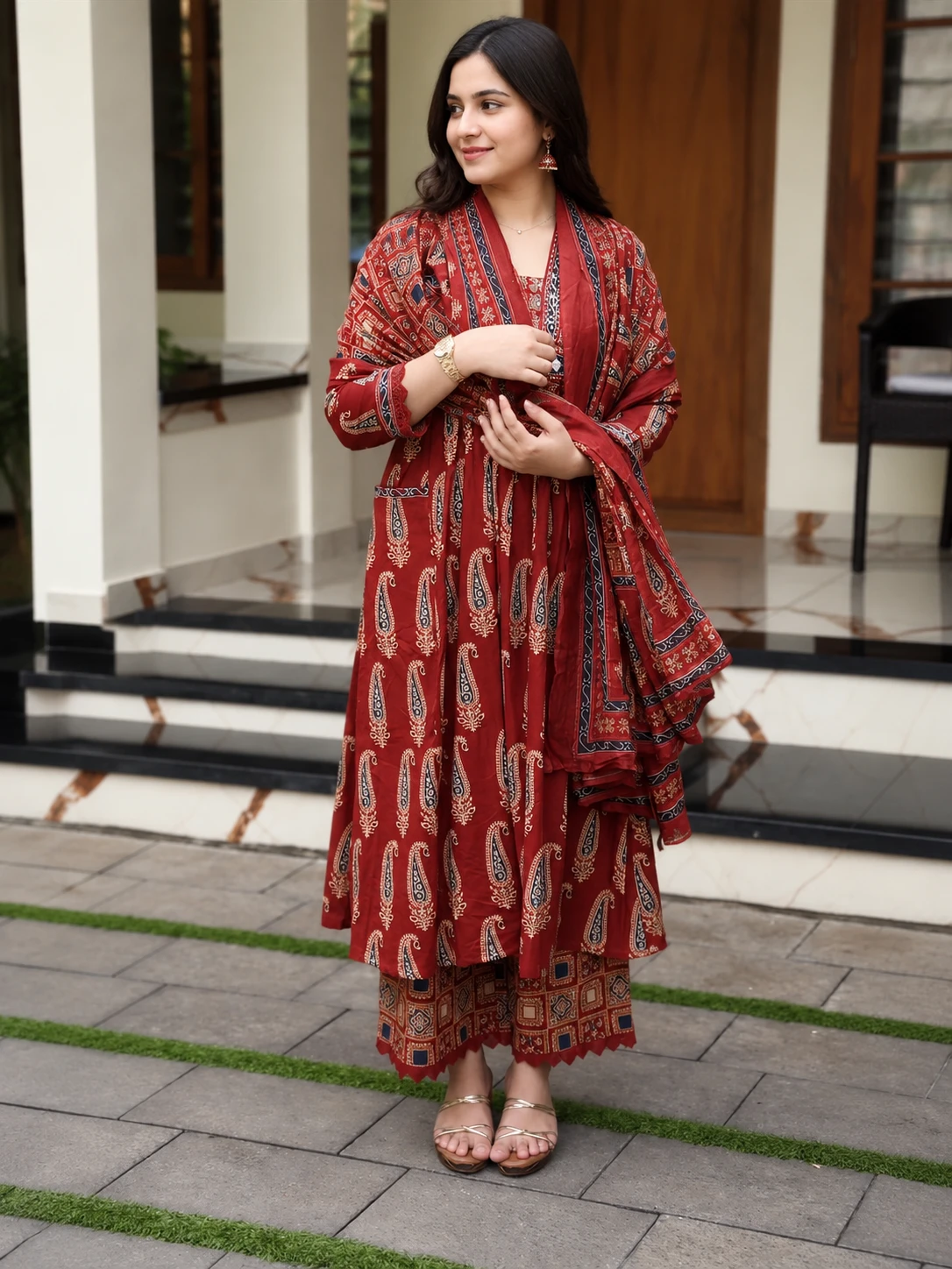 Jaipuri Cotton Anarkali Kurta Set with Plazo & Dupatta