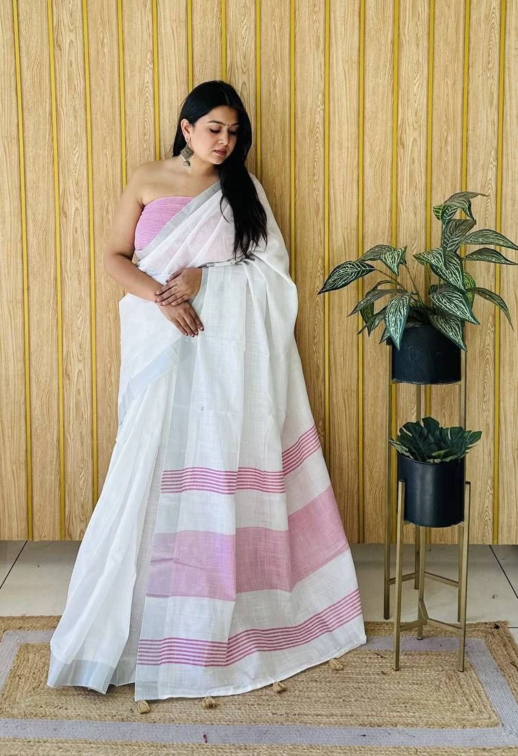 Pure Cotton Linen Solid Saree with Zalar Work & Matching Blouse