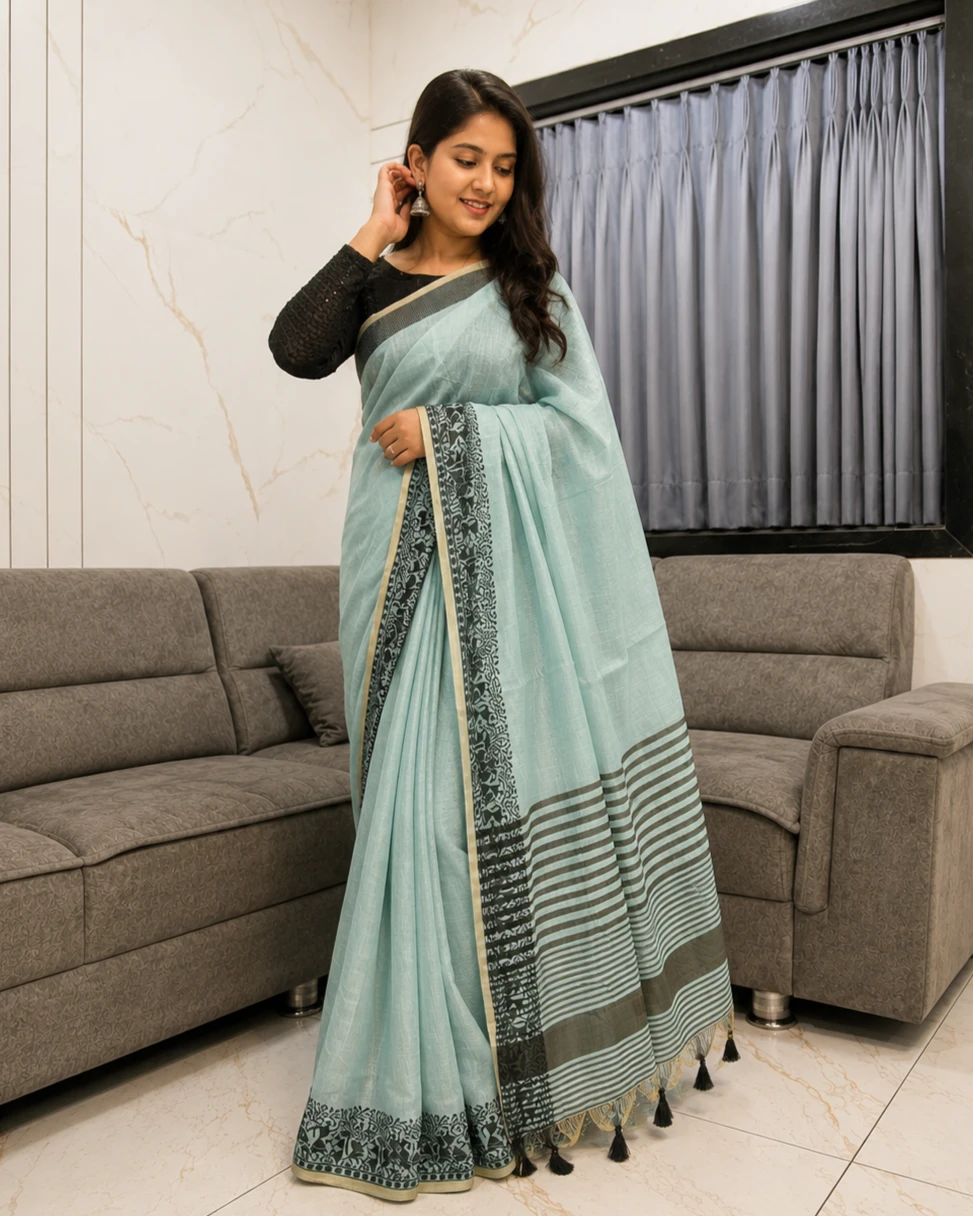 Pure Cotton Soft Silk Saree with Jacquard Weaving Border & Matching Blouse