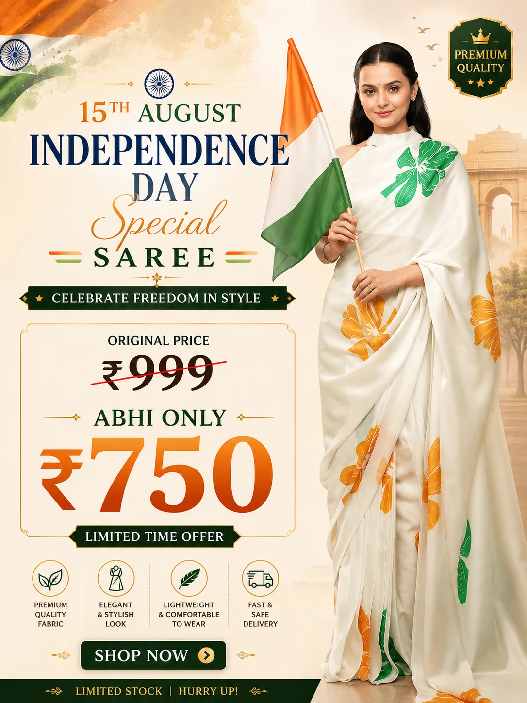 15th August Special Japan Satin Tiranga Print Saree
